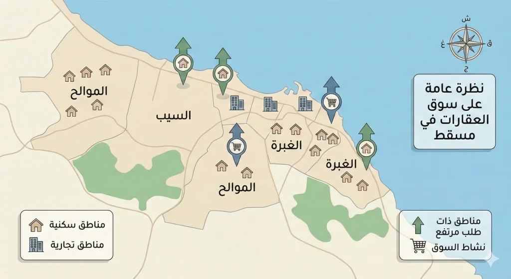 كيف تبدأ في مجال العقارات في مسقط رسم توضيحي يشرح سوق العقارات في مسقط مع إبراز المناطق السكنية والتجارية وطبيعة الطلب